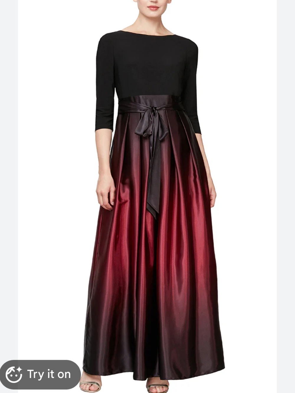 SLNY Formal Dress Black Top with Burgundy Ombre Satin Maxi Skirt & Wrap Sash 8